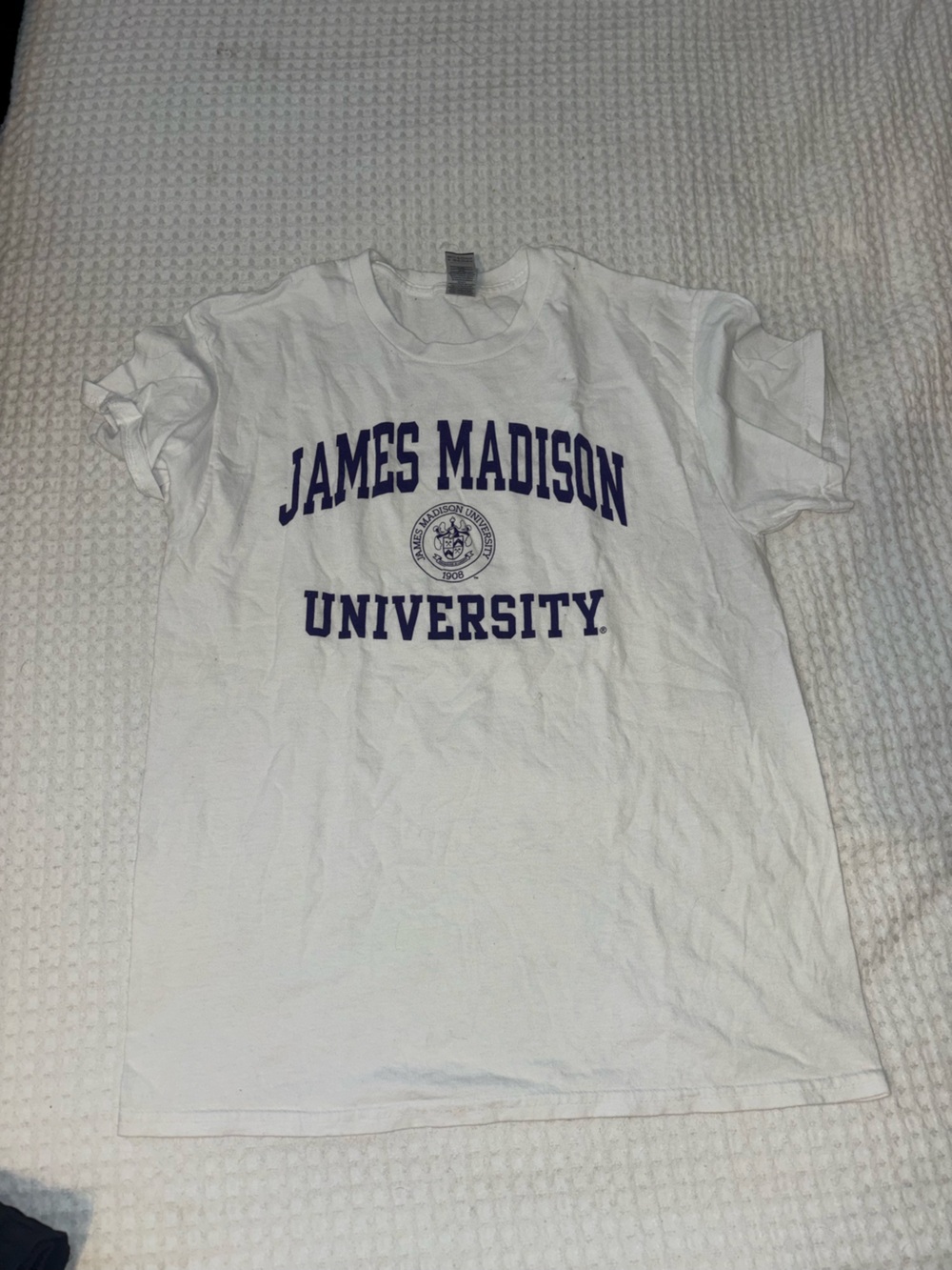 JMU White Tee with Purple James Madison University Logo